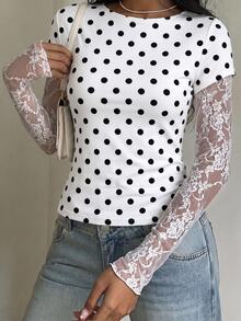 SHEIN EZwear Knitted Lace Patchwork 2-In-1 Women's Long Sleeve Top, Sheer Top - Multicolor - View 4