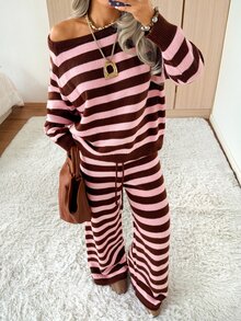 SHEIN EZwear Women Fall/Winter Sets Casual Home Cute Striped Knit 2 Pieces Set - Multicolor - View 8