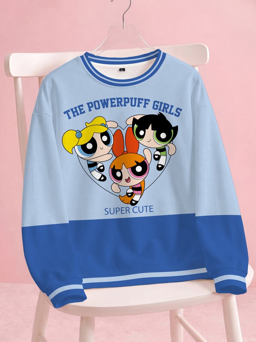 THE POWERPUFF GIRLS X SHEIN 大尺碼女款標語條紋圓領長袖休閒衛衣 秋季 - 白色 - 查看 1