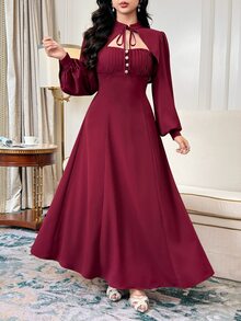 Feyla Women's Elegant Button Strapless Dress With Cropped Tie Long Sleeve Top 2 Pieces Set - Red - View 3