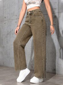 SHEIN ICON Casual Washed Straight Leg Denim Jeans - Brown - View 4