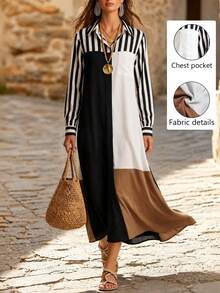 SHEIN Casual Commute Minimalist Women's Long Sleeve Striped Multicolor Dress, Autumn/Winter Style, Suitable For Office, Work And Outings - Multicolor - View 11