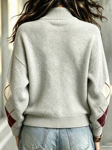 SHEIN Women's French Vintage Argyle Mock Neck Knit Sweater Women Autumn/Winter Loose Lazy Colorblock Diamond Pattern Pullover Halloween Top. - Grey - View 2