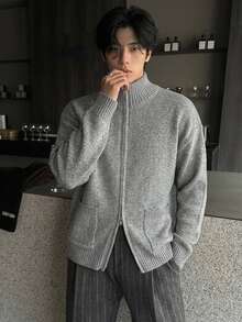 DAZY Men's Autumn/Winter Cardigan Sweater With Lapel Collar, Double Zipper Design, Grey Floral Pattern And Patch Pockets - Grey - View 5