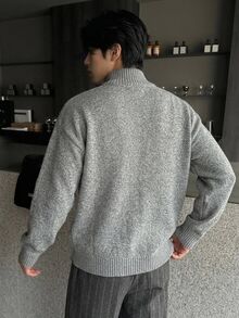 DAZY Men's Autumn/Winter Cardigan Sweater With Lapel Collar, Double Zipper Design, Grey Floral Pattern And Patch Pockets - Grey - View 2