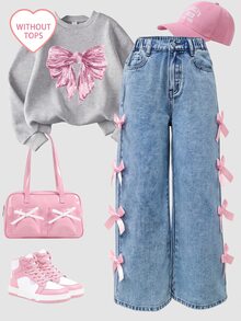 SHEIN 少女粉色蝴蝶結淺藍色牛仔寬鬆寬腿長褲 - 藍色 - 查看 1