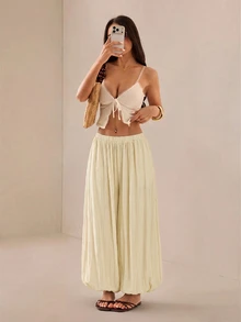 SHEIN PETITE 2026年女款春夏度假系列：優雅橄欖綠寬鬆喇叭褲 - 卡其色 - 查看 6