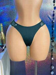MidnightGlam 1件女款華麗水鑽性感對比蕾絲內褲 - 藍色 - 查看 2