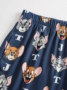 TOM & JERRY X SHEIN طقم ملابس منزلية للرجال بطبعة كرتونية، ملابس علوية بأكمام قصيرة وشورت - رمادي فاتح - مشاهدة 7