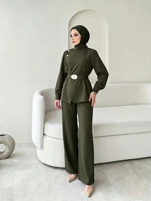 Celisse 女款秋季新款時尚優雅兩件套，時尚夾克搭配寬腿褲套裝 - 軍綠色 - 查看 7