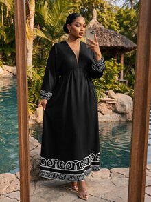 SHEIN Lady 大尺碼女款 V 領百褶休閒派對洋裝 - 黑與白 - 查看 5