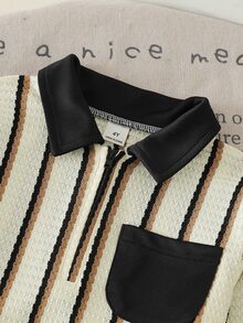 2件組男童幼兒秋季粉色復古休閒風拼色直條紋半拉鍊 Polo 長袖上衣搭配純色慢跑長褲套裝，寬鬆版型 - 黑與白 - 查看 4