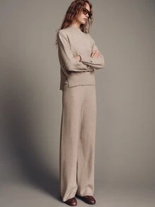 MOTF PREMIUM AUTUMN/WINTER METAL BUTTON CUFF DECOR STAND COLLAR SWEATER AND WIDE LEG KNIT PANTS 2 PIECES SET - Khaki - View 8