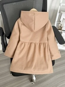 SHEIN 女童冬季外套，卡其色連帽單排扣時尚夾克，適合休閒日常穿著 - 卡其色 - 查看 2
