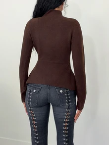 Elenzga Women's Casual Solid Color Stand Collar Asymmetric Hem Sweater, Autumn/Winter - Coffee Brown - View 2