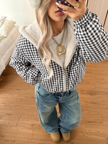 SHEIN EZwear 秋冬新款杏色加厚保暖內裡連帽短版夾克女款 - 咖啡棕 - 查看 3