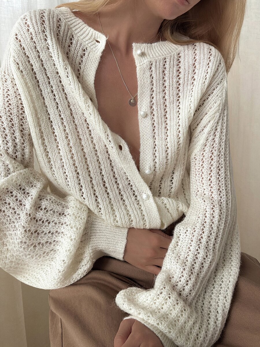 DAZY Solid Color Loose Hollow Long Sleeve Round Neck Casual French Vacation Korean Style Elegant Fall Knit Cardigan For Women Brunch Cream White - White - View 1