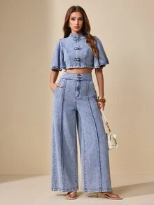 Selenza Women's Frog Button Design Ruffle Short Sleeve Cropped Denim Jacket - Blue - View 8