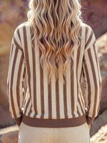 SHEIN New Plus Size Women's Fashion Casual Versatile V-Neck Coffee-Colored Vertical Striped Sweatshirt - Multicolor - View 2