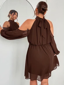 Firerie Plus Size Women Solid Color Cold Shoulder Long Sleeve Ruched Waist Fashion Dress - Rust Brown - View 2