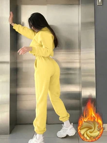 INAWLY 女款秋冬休閒運動風運動衫運動褲兩件套健身服 白色與黃色 - 黃色 - 查看 3