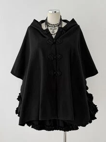 Sunspun Plus Size Women's Hooded Cape Coat With Frog Button Design, Wool Blend - Black - View 4