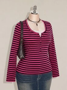 SHEIN ICON Women's Plus Size Autumn/Winter Contrast Lace Black & Grey Striped Slim Fit T-Shirt Fall - Multicolor - View 5