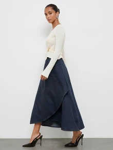 Maija Deep Washed Blue Women's Skirt, Autumn Urban Casual Layered Voluminous Hem - Navy Blue - View 3