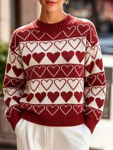 SHEIN Women's Heart Pattern Casual Everyday Long Sleeve Sweater - Red - View 3