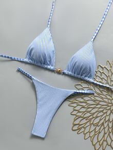 Swim Mod Women's Spring/Summer New Special Fabric Metal Decor V-Neck Halter Backless Triangle Bikini Set, 2 Pieces Swimsuit - Blue - View 6