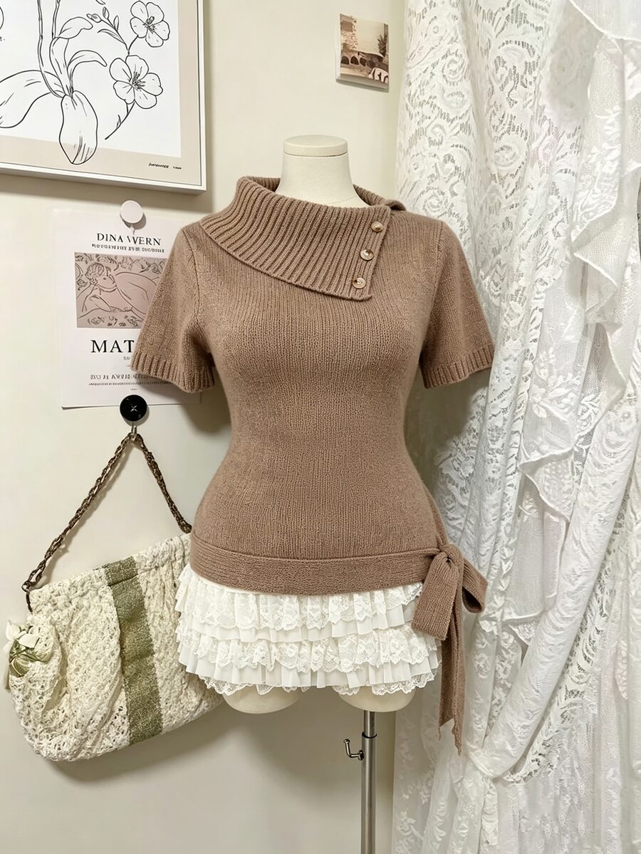 Sweetra CURVE Plus Size Women's Knit Short Sleeve Pullover Top With Bow - Khaki - View 1