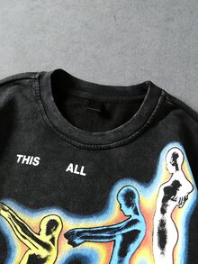 ROMWE MEN Men's Street Abstract Portrait Print Loose Long Sleeve T-Shirt - Black - View 2