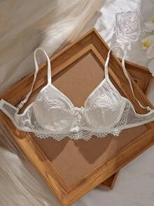 Crystal Vow Lace Patchwork Solid Color Underwire Push-Up Semi-Sheer Unlined Women's Bra - White - View 3