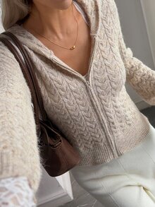 DAZY Women's Cable Knit Long Sleeve Zip-Up Hooded Cardigan - Khaki - View 8