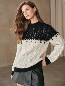 Anewsta French Autumn/Winter High-End Fashion Design Elegant Sophisticated Evening Style Heavy Beaded Sequin Wheat Pattern High Neck Knit Sweater - Black and White - View 4