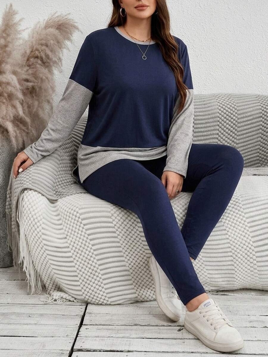 SHEIN LUNE Plus Size Women's Colorblock Round Neck Long Sleeve T-Shirt And Leggings Casual 2 Pieces Set - Navy Blue - View 1