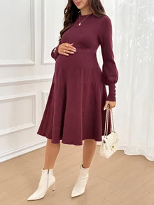 SHEIN Maternity Autumn/Winter Casual Knit Dress - Burgundy - View 6