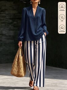 SHEIN 女款黑色長袖上衣與條紋長褲休閒套裝，日常通勤上班穿搭，秋季兩件套，亞麻套裝，黑白配色，老錢風 - 藏蓝色 - 查看 1