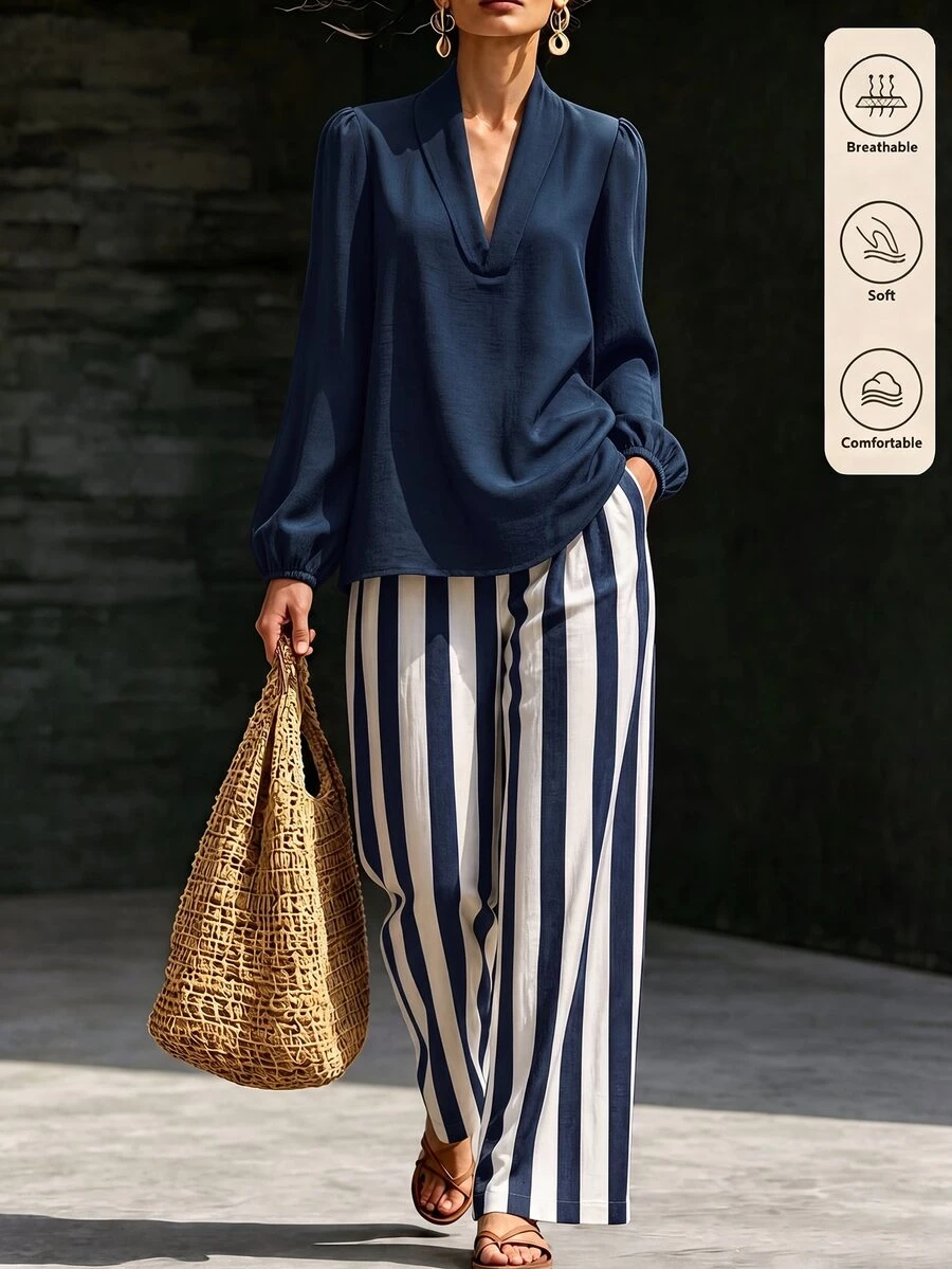 SHEIN 女款黑色長袖上衣與條紋長褲休閒套裝,日常通勤上班穿搭,秋季兩件套,亞麻套裝,黑白配色,老錢風 - 藏蓝色 - 查看 1
