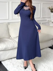 Feyla Gaun Midi Wanita Elegan, Dewasa, Cocok untuk Acara Komuter, Makan Malam, Koktail, Kencan, dengan Patchwork Renda, Warna Biru Tua, Musim Gugur - Royal Blue - View 5