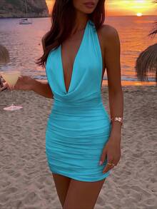 SHEIN Women's Sexy Chain Decor Backless Draped Neck Mini Dress For Vacation And Beach - Mint Blue - View 3