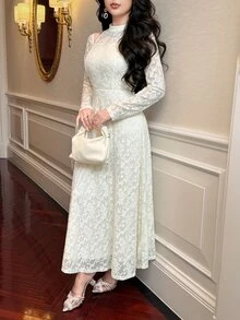 Feyla Women's Elegant Commute Solid Color Jacquard Cold Shoulder Long Dress - Khaki - View 2