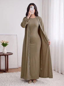 Celisse Women's 2 Pieces Set, Long Robe Cardigan & Dress Set, Elegant Daily Wear Women's 2 Pieces Set, Women's Dress Set - Khaki - View 3