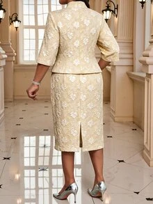 SHEIN Lady Plus Size Women's Jacquard Dress And Cardigan Fashion 2 Pieces Set - Gold - View 2