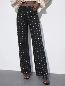 SHEIN ICON 女款水鑽時尚休閒牛仔褲，休閒百搭派對牛仔褲，鑽石水晶牛仔褲，派對牛仔褲，約會，可愛，優雅，秋冬，約會 - 黑色 - 查看 5