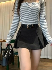 DAZY 女款純色百褶休閒學院風裙 秋季約會校園深灰色 - 深灰色 - 查看 5