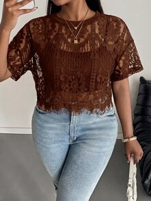 SHEIN PETITE CURVE 大尺碼女款復古性感透視蕾絲上衣 - 棕色 - 查看 3
