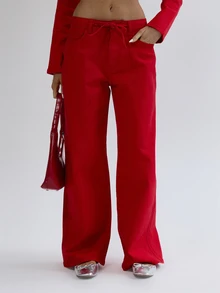 MUSERA Red Denim Straight Leg Belt Detail Jeans Fall Autumn Winter Coolgirl Back To School Blancs - Red - View 2