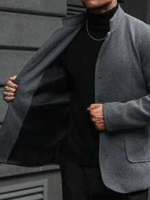 Manfinity CasualCool 男士秋冬經典百搭雙大口袋設計開襟立領休閒成熟風羊毛外套 - 灰色 - 查看 6