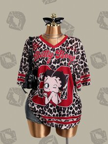 Betty Boop x SHEIN Plus Size Women's Leopard Print V-Neck Short Sleeve Casual T-Shirt - Brown - View 1
